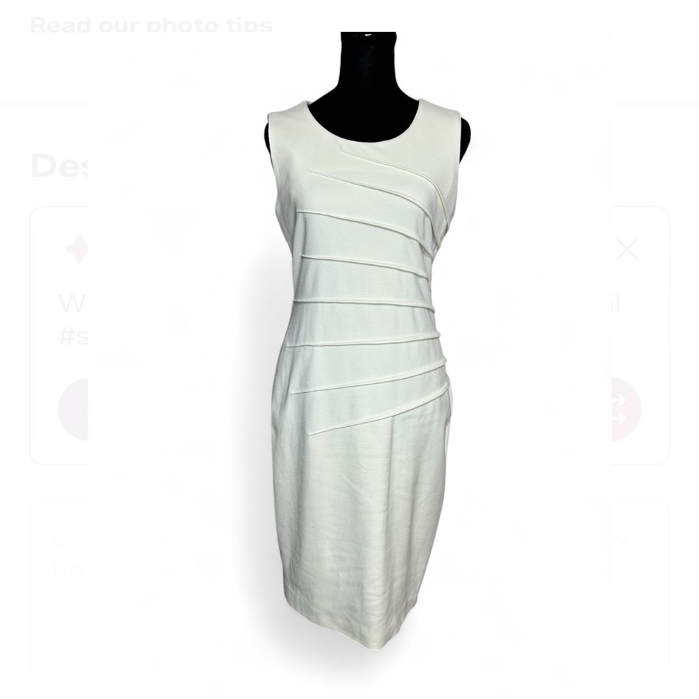 CALVIN KLEIN White Sleeveless Midi Dress 4P, With Ruched Front Design Round Neck